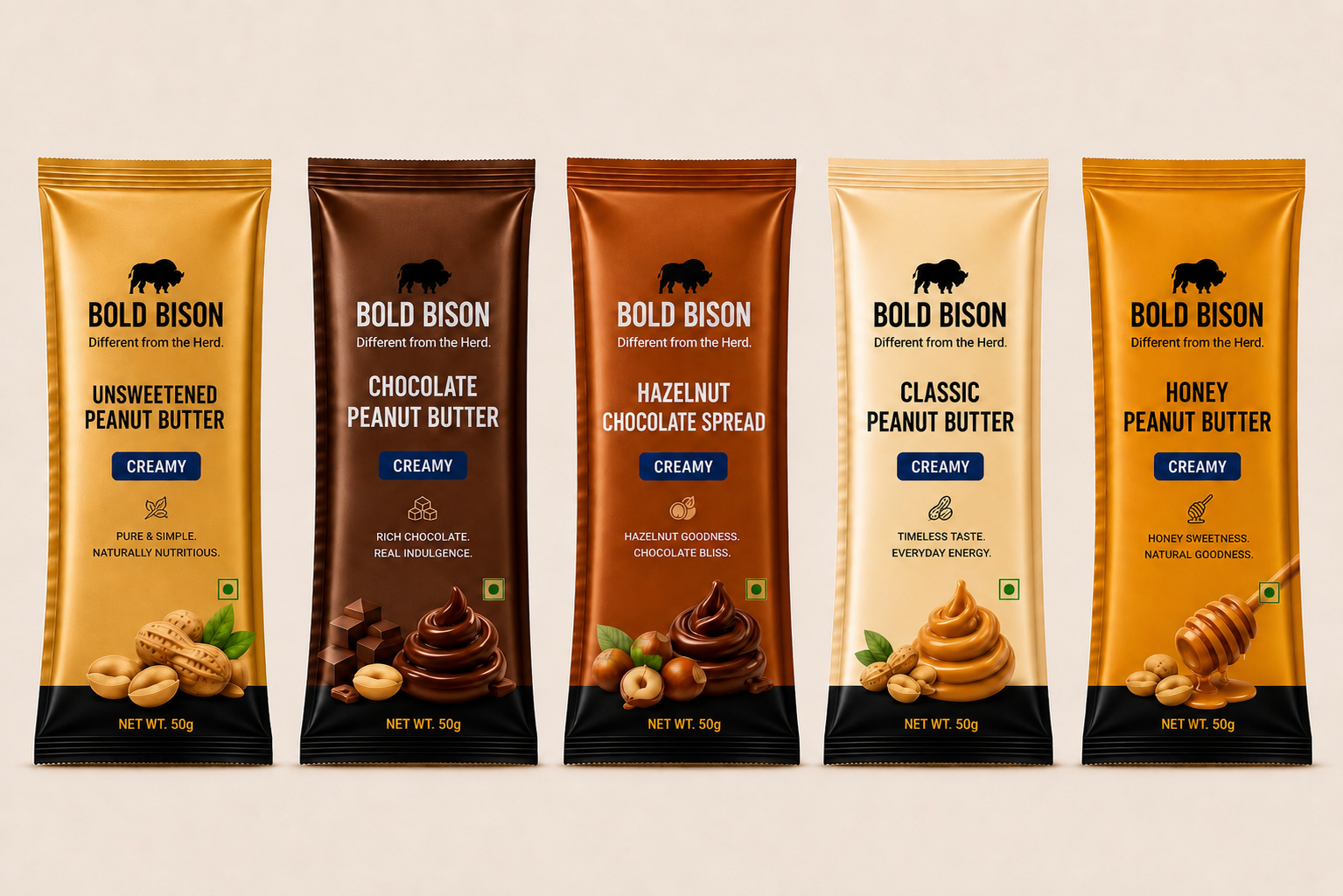 Bold Bison sachet lineup — 5 flavors